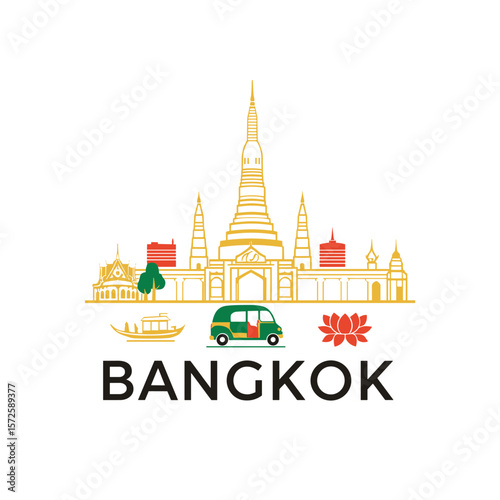 Colorful Bangkok vector with temples, tuk-tuk, lotus flower, boat and Thai architecture. Cultural travel design