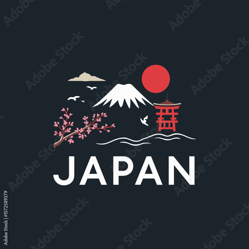 Stylized Japan vector with Mount Fuji, torii gate, cherry blossom and dark background. Cultural night scene