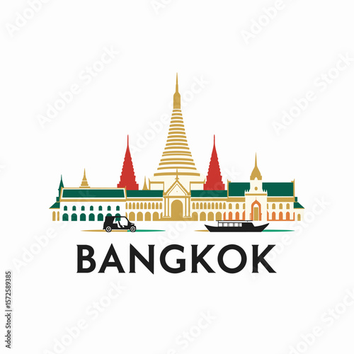 Stylized vector of Bangkok with traditional Thai temples, river, and tuk-tuk. Southeast Asian cultural cityscape