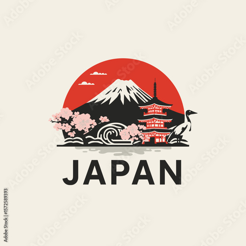 Modern Japan vector with Mt. Fuji, sun, pagoda, waves and sakura flowers. Cultural and natural harmony