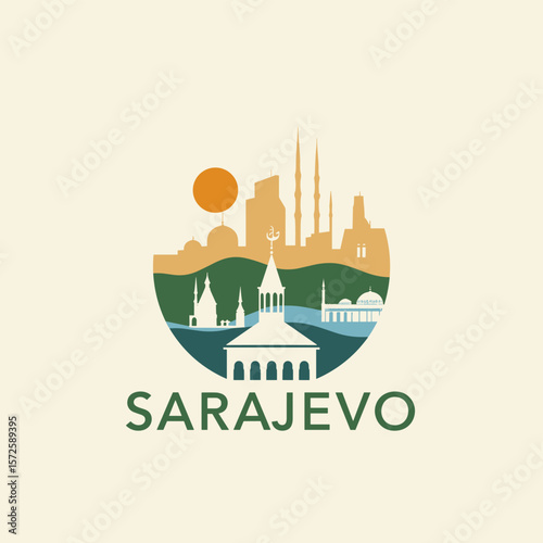 Minimal vector of Sarajevo skyline with mosque domes, minarets, sun and mountains. Cultural and scenic city design