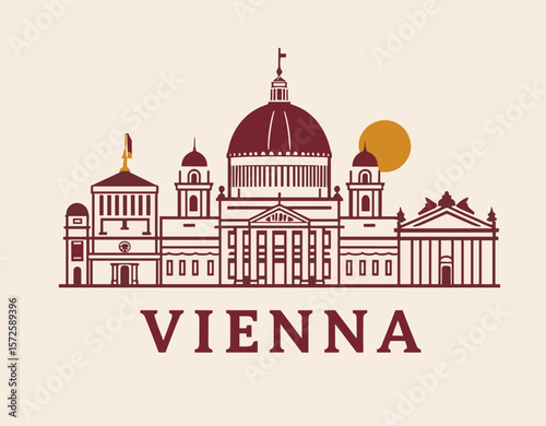 Elegant vector of Vienna with classical architecture, domes and sun. European capital city in refined line style