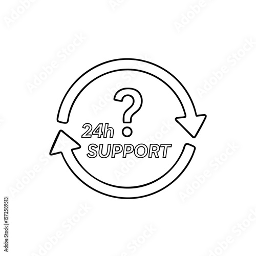 Rotating Arrow Icon with Question Mark and “24h Support”, Flat Vector