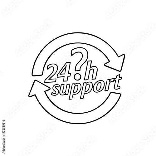 Rotating Arrow Icon with Question Mark and “24h Support”, Flat Vector