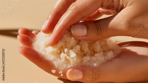 Soft exfoliating salt scrub held in hand for natural skin care and beauty, close up of clean skin with gentle exfoliation promoting smooth healthy appearance and natural texture