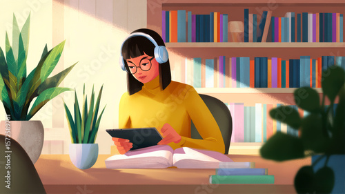 Studying at a cozy desk with books and plants