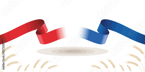 French emblem with red and blue ribbons – vector illustration of circular badge with wheat stalks, symbolizing unity, agriculture, and honor
