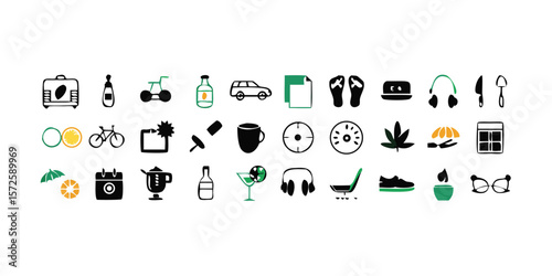 Comprehensive lifestyle icon set featuring a diverse range of symbols representing various aspects of modern living including hobbies technology travel food and everyday activities all