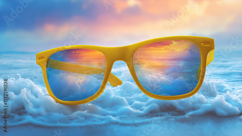 Sunglasses mirror a serene sunset