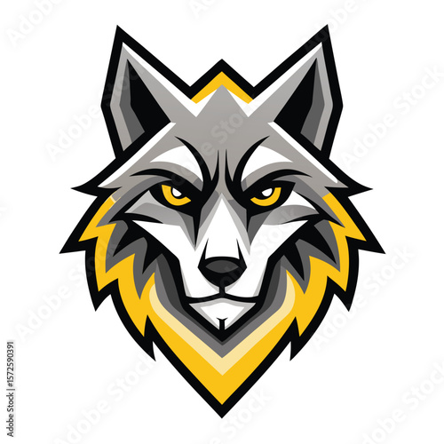 Gray wolf's head with intense yellow eyes and stylized fur is staring fiercely