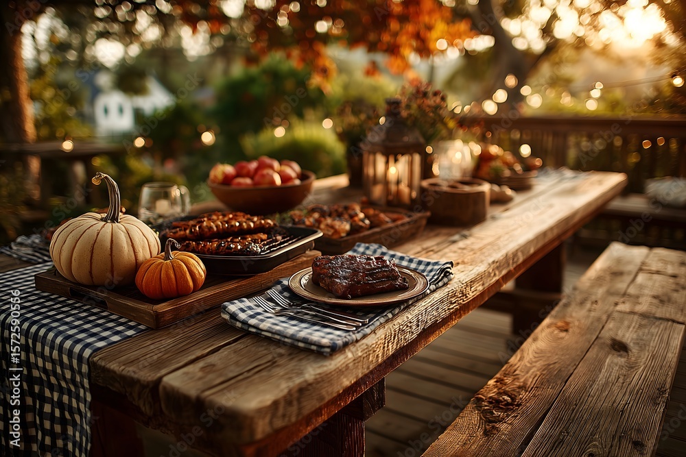 Naklejka premium Close-up of grilled food, pumpkins, apples arranged on wooden picnic table.