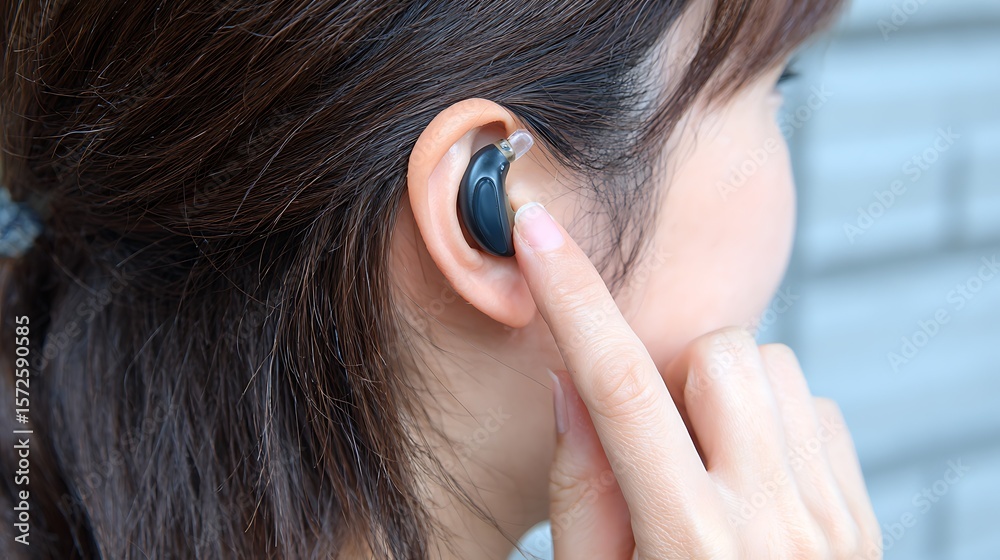 Naklejka premium Woman wearing hearing aid for better hearing in her ear shows healthcare and improved quality of life with hearing technology.