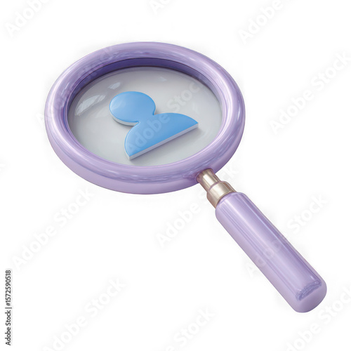3d magnifying glass focusing on user icon isolated on transparent background