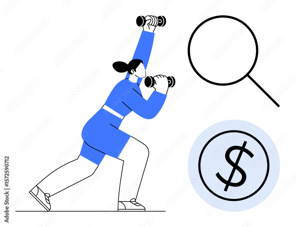 Fototapeta premium Woman lifting dumbbells in a lunge pose, magnifying glass, and dollar icon symbolizing health and financial goals. Ideal for fitness, finance, goals, motivation, exploration, success and balance