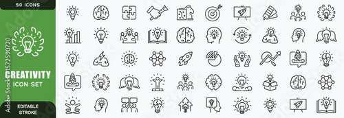  creativity line icon set. Vector pictograms of brainstorming, innovation, problem-solving, abstract thinking, insight, imagination thin linear illustration