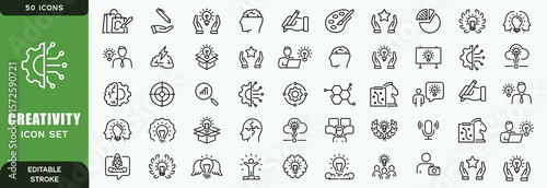  creativity line icon set. Vector pictograms of brainstorming, innovation, problem-solving, abstract thinking, insight, imagination thin linear illustration