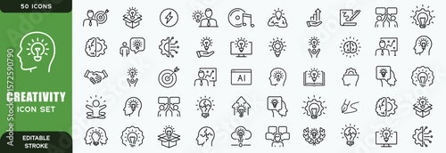  creativity line icon set. Vector pictograms of brainstorming, innovation, problem-solving, abstract thinking, insight, imagination thin linear illustration