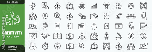  creativity line icon set. Vector pictograms of brainstorming, innovation, problem-solving, abstract thinking, insight, imagination thin linear illustration