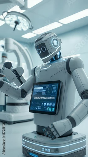 Medical Robot: Futuristic image of a medical robot inside a hospital setting, showcasing advanced healthcare technology. The robot, designed for precision and care.