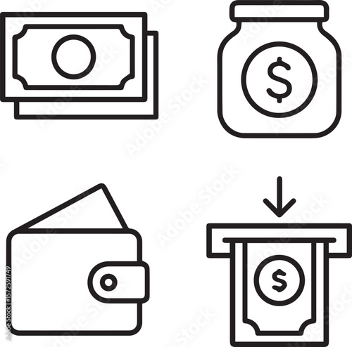money icon set. containing cash, saving, wallet, transfer, withdraw icons. finance symbol for app, ui, website and design element line art vector illustration.