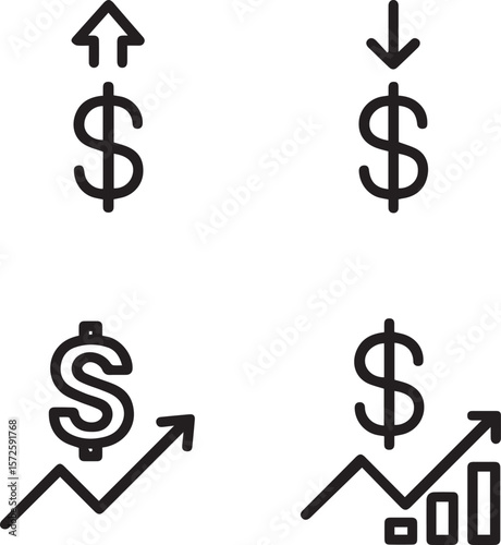 Money increase and decrease icons. Price, rate, cost, sale or profit going up or down symbol with arrow and us dollar sign line art vector illustration 