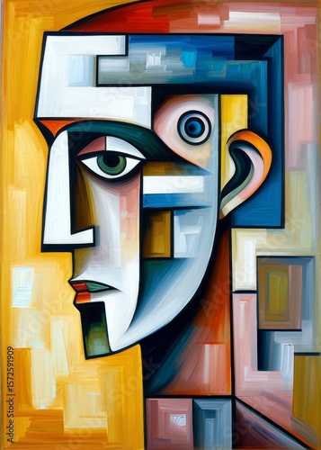 Abstract head of a person, composed of shapes. Cubism art style.