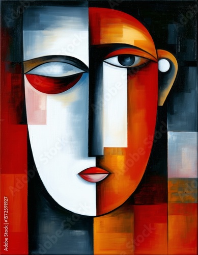 Abstract head of a person, composed of shapes. Cubism art style.