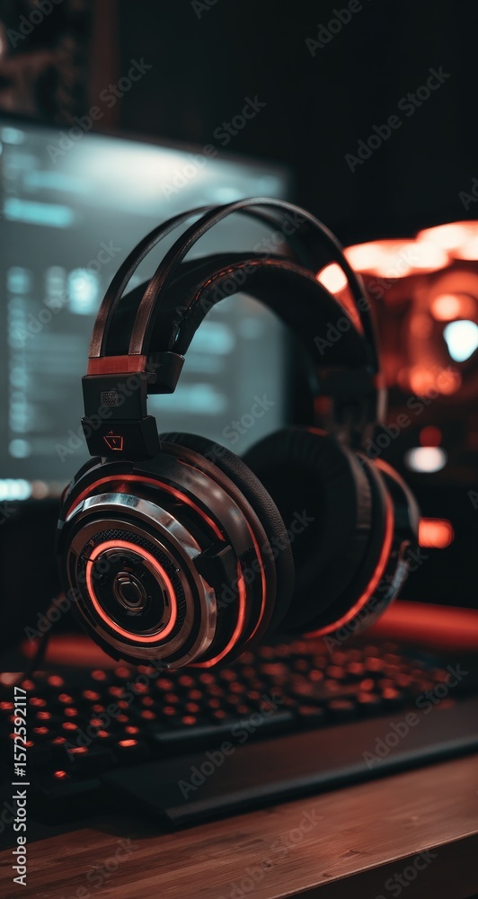 Fototapeta premium Gaming headphones on a desk with a computer monitor and keyboard