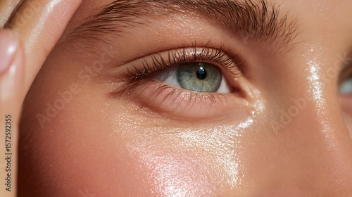 Close up portrait shows healthy, hydrated skin with a fresh, natural glow around the eye of a young woman.