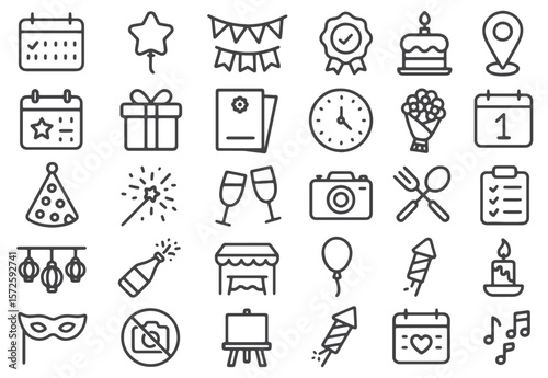 Event Line Icons – Minimalist Vector Set for Celebrations, Parties, Calendars, and Invitations