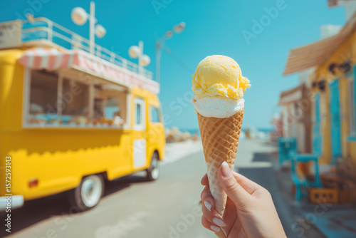 woman holding yellow ice cream cone with a food truck in the background