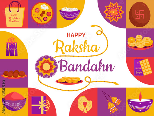 Happy Raksha Bandhan indian festival celebration flat trendy minimal background design with gifts, sweets, oil lamp, and Rakhi Sale banner or poster vector illustration.