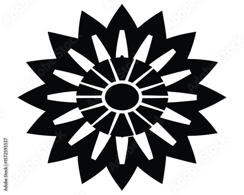 Abstract Geometric Floral Pattern: A captivating, symmetrical design, showcasing a stylized floral motif with radiating petals and a central core. This striking monochrome artwork. Ai Generated