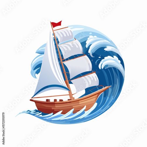 Sail ship riding a high wave