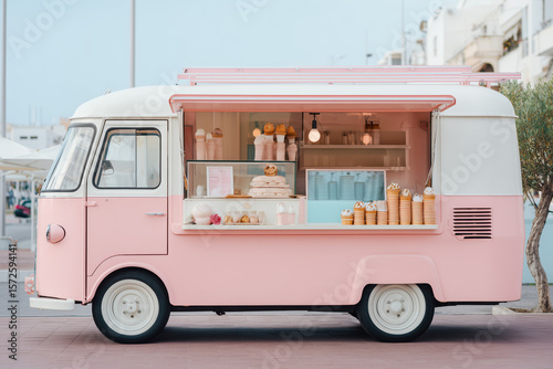 Modern ice cream food truck in pastel pink and white, parked on a clean street with open serving window