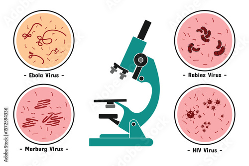 Virus microscope set design. Ebola, Marburg, HIV, rabies. Laboratory and health care.