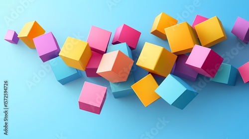 Vibrant Abstract Composition: A Playful Cascade of Colorful Cubes on Blue