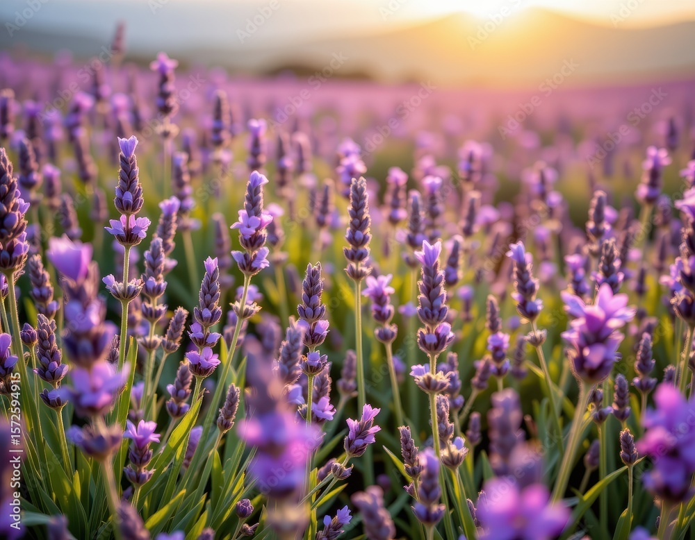 Obraz premium calm lavender field under soft morning light, close up of blooming purple flowers, gentle breeze, peaceful atmosphere, herbal remedy for anxiety relief, natural wellness concept.