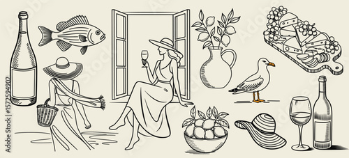 Doodle-style summer illustration set inspired by the Italian Theme