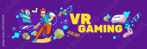 Virtual reality gaming, metaverse vector banner