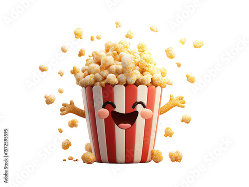 An adorable popcorn bucket brimming with freshly popped kernels, animated with a cheerful face and outstretched arms, radiating joy and fun. 