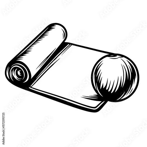 Rehab ball next to rolled up stretching mat in monochrome design  