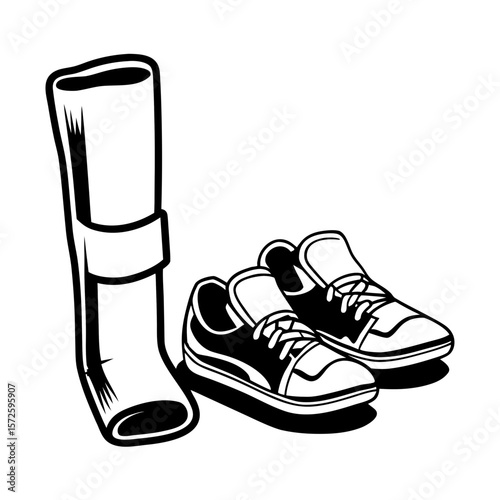 Splint and gym shoes in black and white illustration  