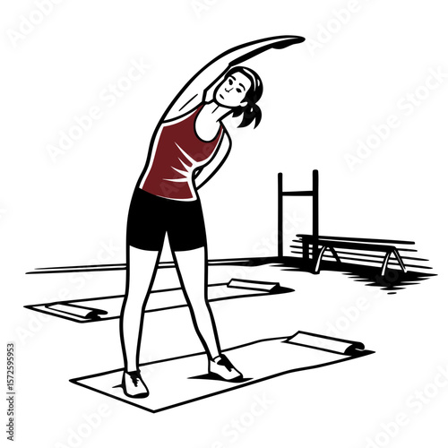 Young woman stretching in gym attire on exercise mat in studio  