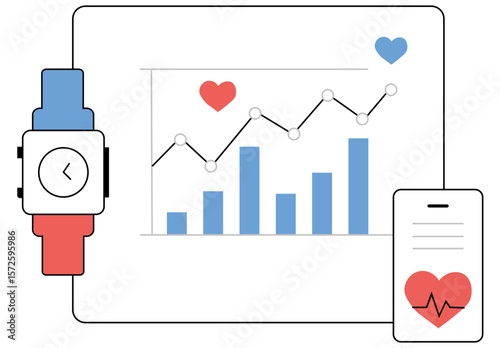Graph Displaying Health and Activity Tracking Statistics Collected From Smartwatches With Watch and Heart Icons in a Clean Minimal Flat Style for Fitness Monitoring Visualization