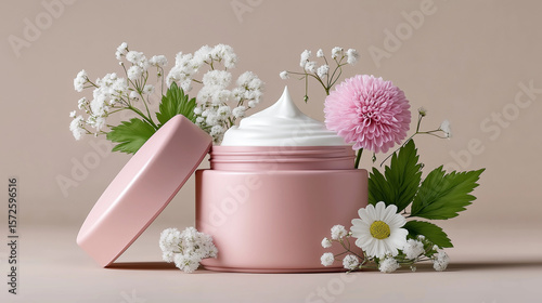 Wallpaper Mural The pink jar of cream is filled with white face cream, surrounded by flowers and leaves on the side.  Torontodigital.ca