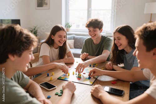 Group of teenagers playing board game together at home, laughing, no phones in sight, natural light, cozy room atmosphere, real connection, focus on hands moving pieces