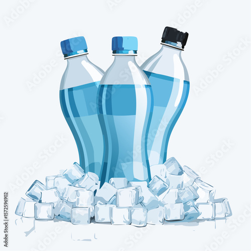 Cold water bottles resting on ice cubes