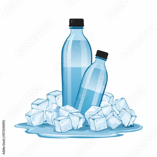 Cold water bottles resting on ice cubes