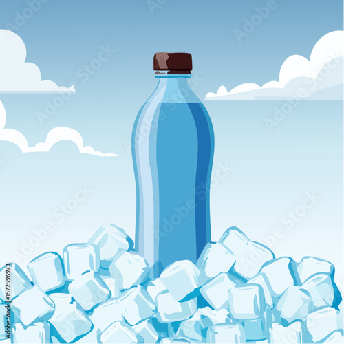 Cold water bottles resting on ice cubes